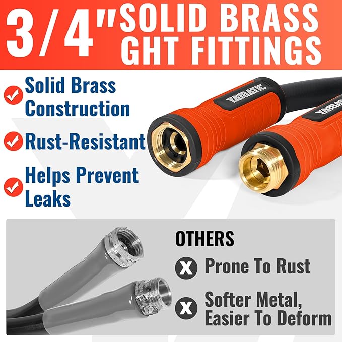 YAMATIC Garden Hose 100FT x 5/8" Heavy Duty Water Hose, Kink Resistant with 360° Swivel Handle, 3/4" Solid Brass Fittings Leak-Resistant, All-Weather Outdoor Hose for Lawn, Garden & Car Wash