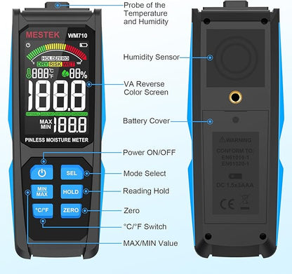 MESTEK Pinless Wood Moisture Meters for Drywall, Water Leak Detector, Wall Moisture Tester for Lumber Concrete Building, Wall Moisture Sensor Digital Humidity Tester for Firewood