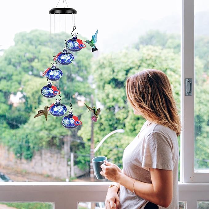 Charming Wind Chimes Hummingbird feeders for Outdoors Hanging ant and bee Proof,Never Leak,Perfect Hummingbird Gift for People(Deep Blue)
