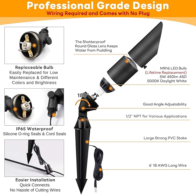 Gardenreet Die-Cast Brass Spot Light Outdoor - 12V Uplighting Waterproof, LED Low Voltage Landscape Lights Metal, Bronze for Fence Fountain with Daytime White MR16 Replaceable Bulbs (12 Pack)