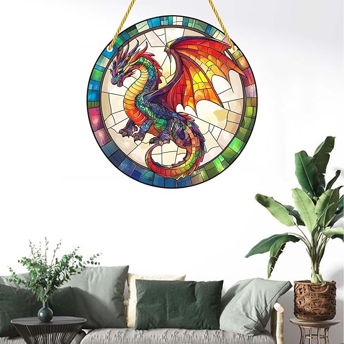 Acrylic Stained Window Hanging Dragon Acrylic Decoration for Indoor Outdoor Home Bar Office Garden Plastic Ornament Decor 12x12 Inch
