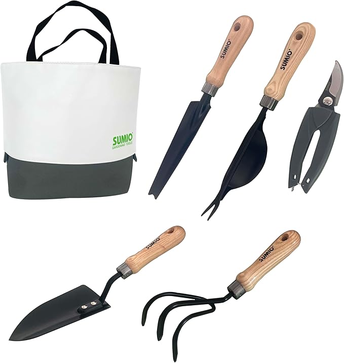SUMIO 6-Piece Gardening Hand Tool Set – Includes Trowel, Transplanter, Cultivator, Lever Weeder, Bypass Pruner & Storage Bag – Garden Tools Kit for Planting, Weeding, and Pruning (Gray)