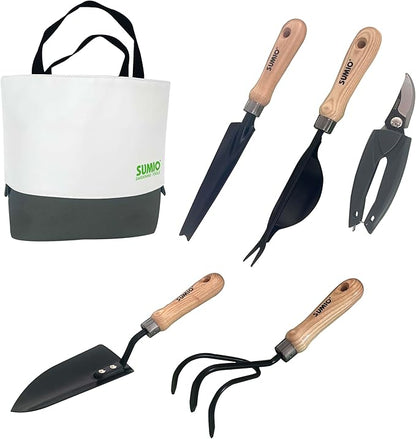 SUMIO 6-Piece Gardening Hand Tool Set – Includes Trowel, Transplanter, Cultivator, Lever Weeder, Bypass Pruner & Storage Bag – Garden Tools Kit for Planting, Weeding, and Pruning (Gray)