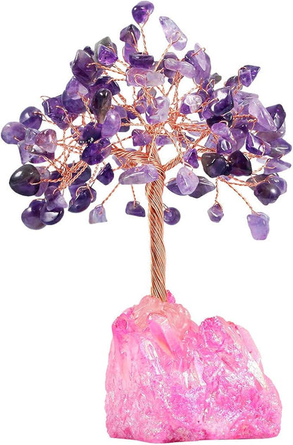 mookaitedecor Amethyst Crystal Tree, Quartz Cluster Fuchsia Titanium Crystals Base Bonsai Money Tree for Wealth and Luck