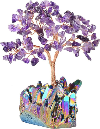 Natural Amethyst Crystal Tree of Life with Quartz Cluster Rainbow Titanium Crystal Base,Chakra Energy Healing Feng Shui Bonsai Money Tree Spritual Gift for Wealth and Luck