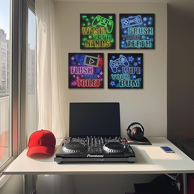 4 PCs Neon Gaming Wall Decor Canvas Wall Art Framed Art Game Room Decor Boys Room Decor Gaming Posters, Gamer Room Decor for Boys, Artwork for Walls Video Game Room Playroom Boys Bedroom Office Decor