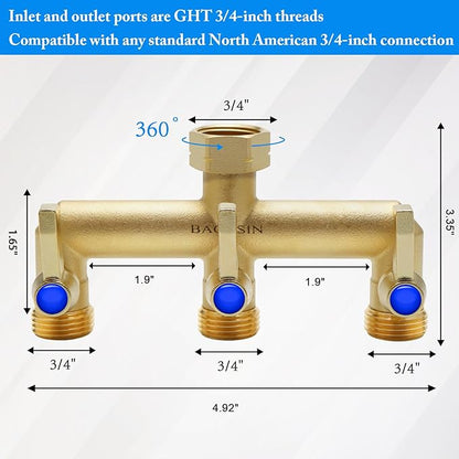 Brass Garden Hose Splitter, 3 Way Hose Splitter, Outdoor Hose Splitter, Outlet for Regulating and Shutting Off Water Flow