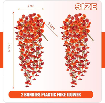 Fake Fall Hanging Flowers Artificial for Outdoor Decoration, 2 PCS Autumn Silk Faux Flowers Morning Glory with Eucalyptus Leaves, Realistic Hanging Plants for Wedding Home Office Garden Decor, Mix