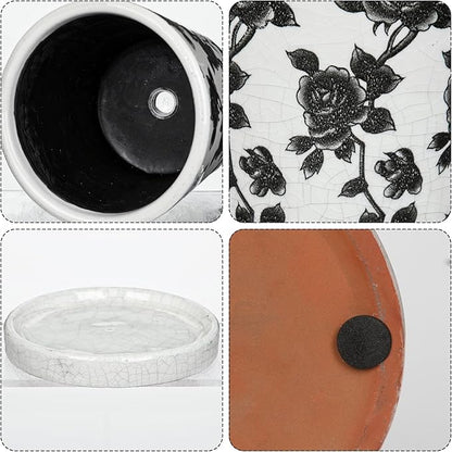 Ceramic Pot for Indoor Plants - 5.5 inch Flower Pot for Plants with Drainage Holes and Saucer Ice Crack Diamond Rose Flower Pattern Ceramic Planter for Outdoor Indoor Herb Snake Plant (Black & White)