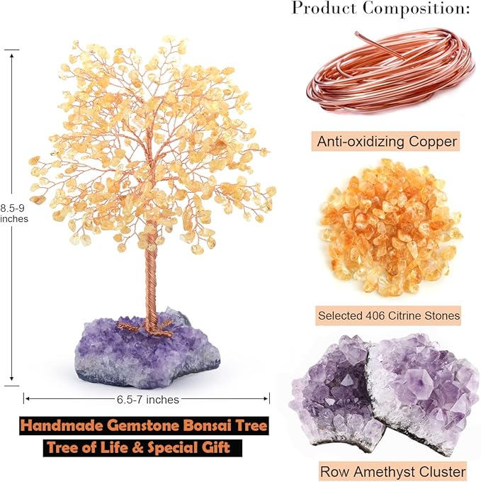 Gemstone Crystal Tree of Life,Natural Citrine(406 Stones Count) with Amethyst Cluster Base,Chakra Healing Crystals Positive Energy Fengshui Bonsai Money Tree Gift 8.5"-9"