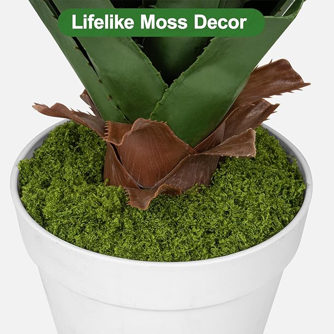39.4 Inch Artificial Agave Plant, Realistic Faux Spiked Agave Tree with Lifelike Leaves and Moss in White Pot, Indoor Outdoor Floor Plant for Home Office Patio Porch Decor(1pack-3.2ft
