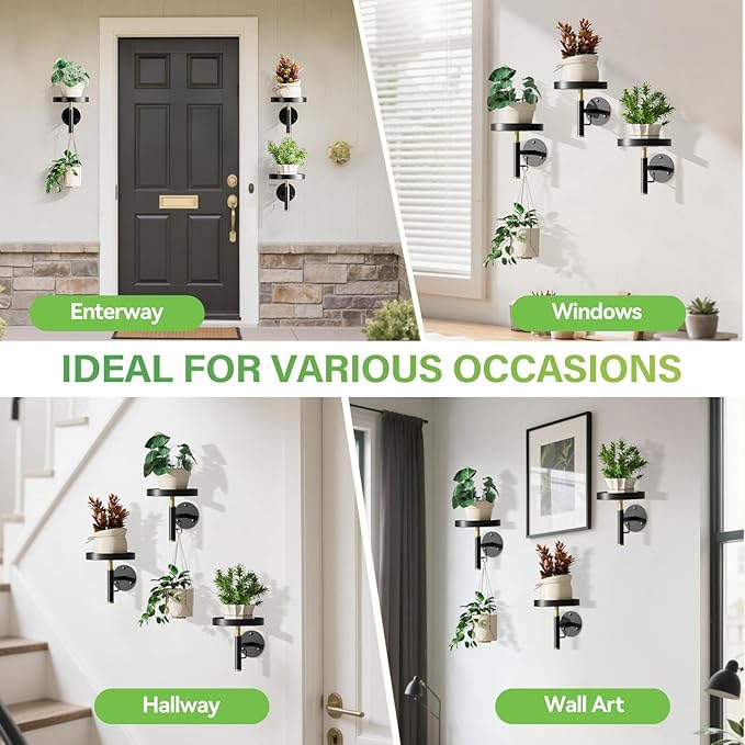 DELLAN Wall Plant Holder, 3 Pack Metal Wall Planters Stand Floating Shelves for Indoor Plants, Window Sill Plant Decor for Bedroom, Bathroom, Living Room, Home, Office, BlackGold