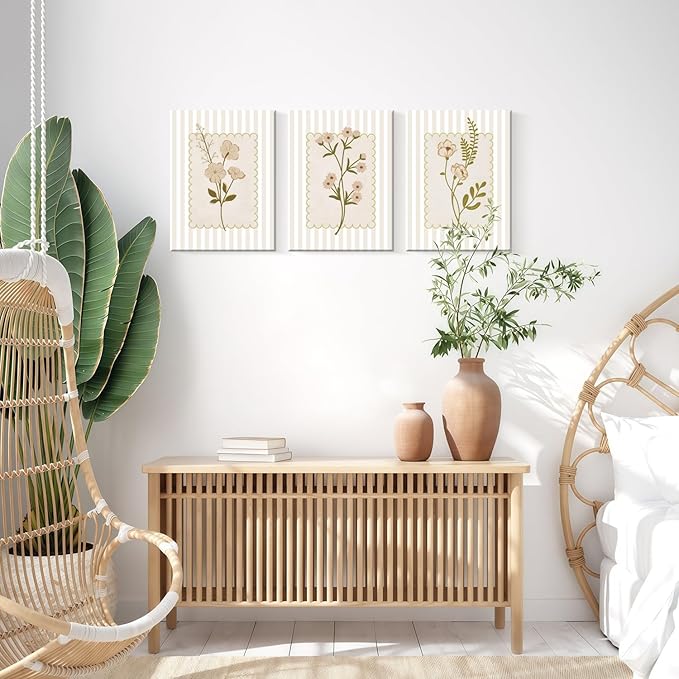 Framed Beige Wildflowers Canvas Wall Art Stripes Floral Poster Picture Simple Vintage Country Painting Nature Landscape Modern Home Print Living Room Gallery Office Ready to Hang 12x16 Inch x3