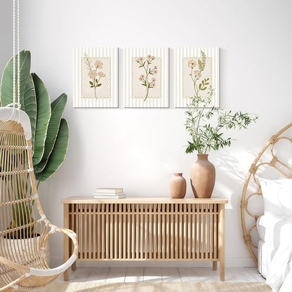 Framed Beige Wildflowers Canvas Wall Art Stripes Floral Poster Picture Simple Vintage Country Painting Nature Landscape Modern Home Print Living Room Gallery Office Ready to Hang 12x16 Inch x3