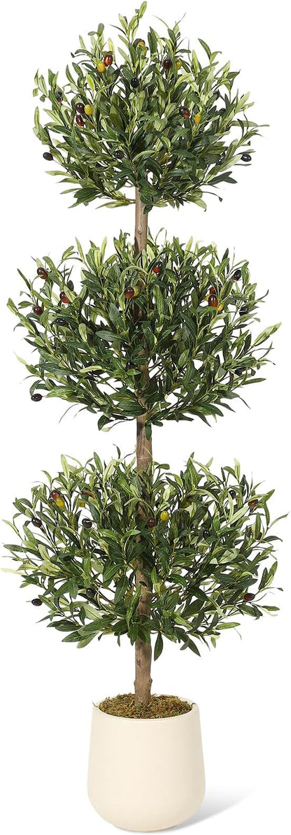 5 ft Artificial Olive Tree, Triple Ball Topiary Faux Plant with Moss & Pot, Outdoor Indoor Realistic Fake Shrubs Trees, Round Bushes Fake Shrubs Potted for Home Offices Porch Decor, Set of 1