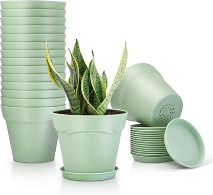 16 Pack Plastic Plant Pots with Drainage Holes and Tray, 4 inch Thickened Indoor Planters Seedlings Nursery Pots for Flowers, African Violet, Succulent and All House Plants, Green