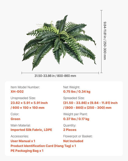 VEVOR Fake Ferns 2 Pcs, 34 Inch Artificial Boston Ferns Plants, Faux Fern with 30 Branches, Artificial Plants Large for Outdoors/Indoor Home, Office,Garden (Flowerpot Unincluded)
