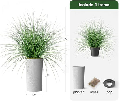 Artificial Tree in White Marble Effect Planter, Fake Onion Grass Silk Tree for Indoor and Outdoor Home Decoration - 55" Overall Tall (Plant Pot Plus Tree)