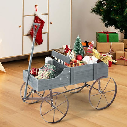 Goplus Wagon Planter, Decorative Wooden Garden Planter with Wheels, 2 Planting Sections and Adjustable Handle, Indoor Outdoor Backyard Balcony Decor (Gray)
