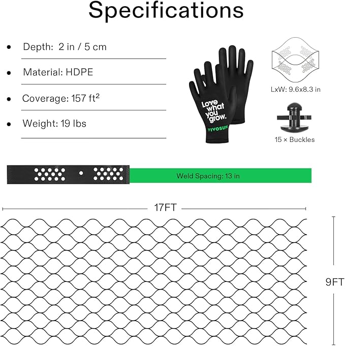VIVOSUN 2’’ Depth Ground Grid, 9x17 ft, High-Density HDPE Geo Cell, 1885 lbs per sq ft Load, Foldable & Tensile, Easy Installation with Gloves, Perfect for Gardens, Driveways, Pathways, Slopes