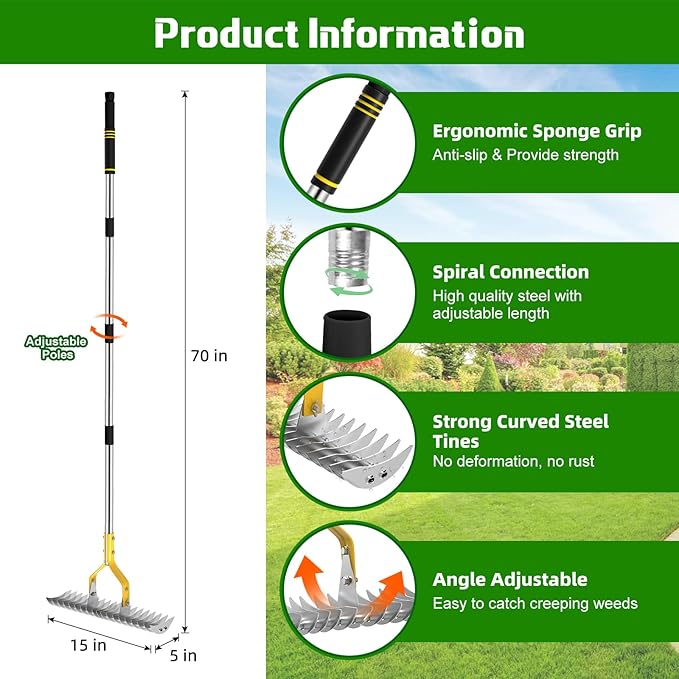 Thatch Rake, 15 Inch Lawn Thatching Rakes for Cleaning Dead Grass, Efficient Metal Steel Lawn Dethatcher with Sponge Handle, Lawn loosening Soil Grass Rake (Silver)