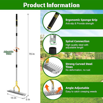Thatch Rake, 15 Inch Lawn Thatching Rakes for Cleaning Dead Grass, Efficient Metal Steel Lawn Dethatcher with Sponge Handle, Lawn loosening Soil Grass Rake (Silver)