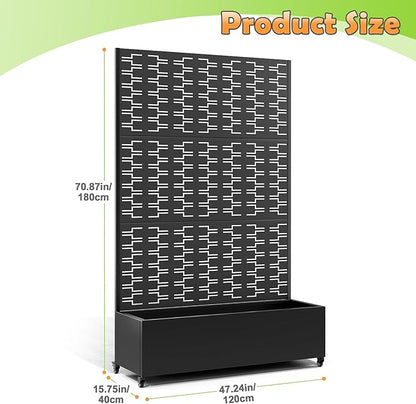 Metal Raised Garden Bed with Trellis, 2-in-1 Planter Box & Privacy Screen for Climbing Plants, Outdoor Standing Flower Bed with Drainage Holes, 47.2" L x 16.7" W x 70.8" H, Black-Brick
