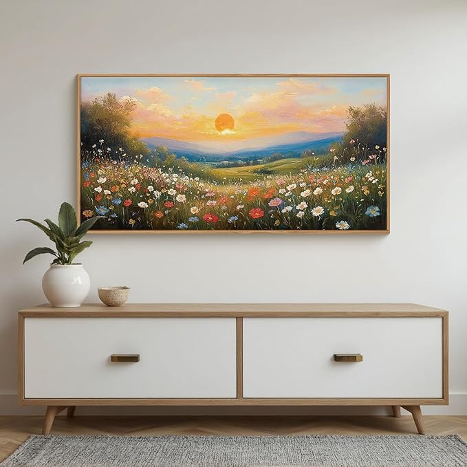 HOURIA Watercolor Sunset Floral Meadow Landscape Framed Canvas Wall Art Set,Boho Vibrant Colorful Wildflower Decor,Modern Nature Inspired Scenery Artwork for Living Room,Bedroom,Farmhouse-20 x40 x1