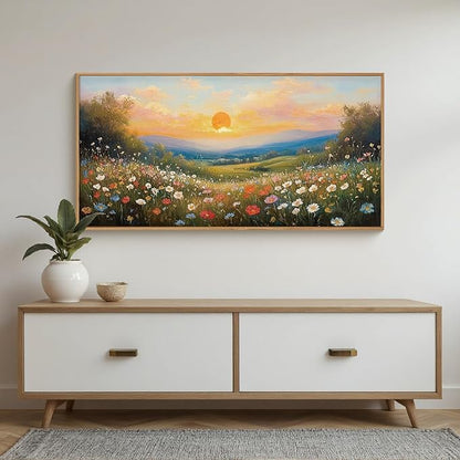 HOURIA Watercolor Sunset Floral Meadow Landscape Framed Canvas Wall Art Set,Boho Vibrant Colorful Wildflower Decor,Modern Nature Inspired Scenery Artwork for Living Room,Bedroom,Farmhouse-20 x40 x1