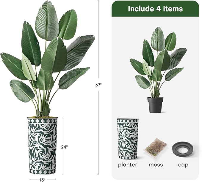 Artificial Tree in Green and White Jungle Pattern Planter, Fake Bird of Paradise Silk Tree for Indoor and Outdoor Home Decoration - 67" Overall Tall (Plant Pot Plus Tree)
