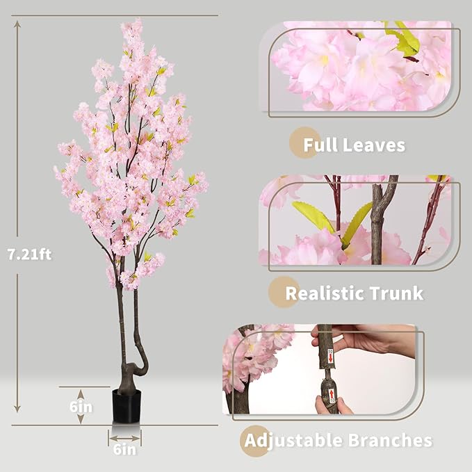 7.2ft Tall Pink Faux Cherry Blossom Tree for Home Decor, Likelike Artificial Silk Flower Cherry Branches Tree Indoor Outdoor, Sakura Tree Realistic Fake Flowering Plant for Christmas Decor