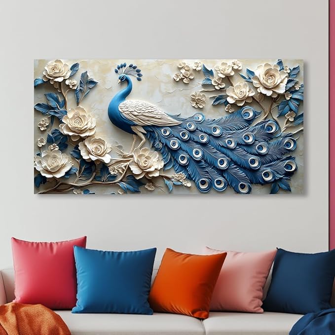 IDAFU Navy Blue Peacock Wall Art for Living Room Office Elegant Animal Peacock and Roses Painting Prints Vintage Canvas Artwork Girls Bedroom Décor Ready to Hang (20 x40 Inches)
