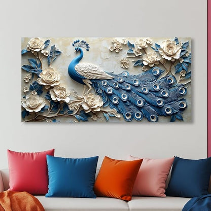 Navy Blue Peacock Wall Art for Living Room Office Elegant Animal Peacock and Roses Painting Prints Vintage Canvas Artwork Girls Bedroom Décor Ready to Hang (24x48 Inches)
