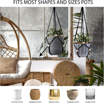 Artilady Black Hanging Planter for Indoor Plants Macrame Plant Hanger Large Hanging Plant Holder Basket with Adjustable Beads Outdoor Window Boho Plant Wall Decor
