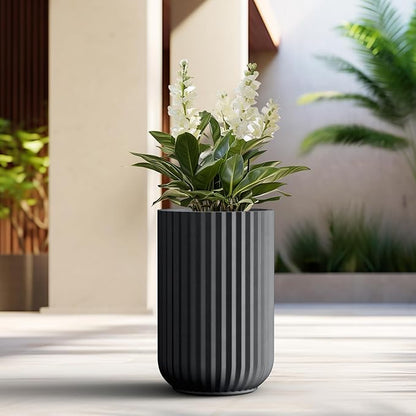 Kante Tall Fulted Planter, 21.7 Inch Tall Round Concrete Plant Pots with Drainage Hole and Rubber Plug, Modern Decor for Indoor Outdoor Plants, Flower, Black