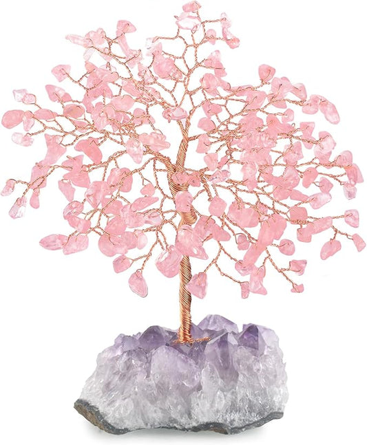 Natural Rose Quartz Gemstone Crystal Tree of Life, Amethyst Cluster Base,Feng Shui Decor Bonsai Money Tree,Healing Crystal Positive Energy Gift Size 5.5-6.3 Inches