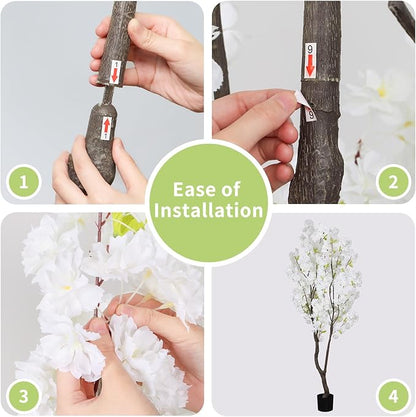 6.56ft White Artificial Cherry Blossom Tree Indoor Decor,Nearly Nature Silk Flower Fake Tree Tall,Realistic Faux Cherry Plant Tree for Christmas New Year Home Decor
