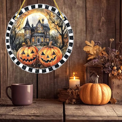 Acrylic Window Hanging Castle Pumpkins Stained Panel Window Decoration for Halloween Decorations Outdoor Indoor Garden Yard Home Halloween Decor 8 Inch