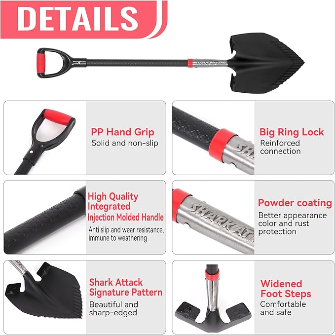SHARK ATTACK Heavy Duty Garden Shovel 43.3 inch with D-Grip Handle, 10.04'' Serrated Steel Blade for Digging and Landscaping, Beach Shovel, Car Snow Shovel