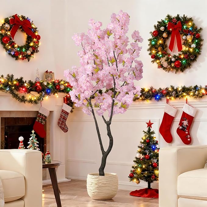 6.56ft Tall Pink Artificial Cherry Blossom Tree Decor, Fake Silk Flower Plant Indoor, Sakura Tree Realistic Faux Cherry Tree for Christmas New Year Home Decor