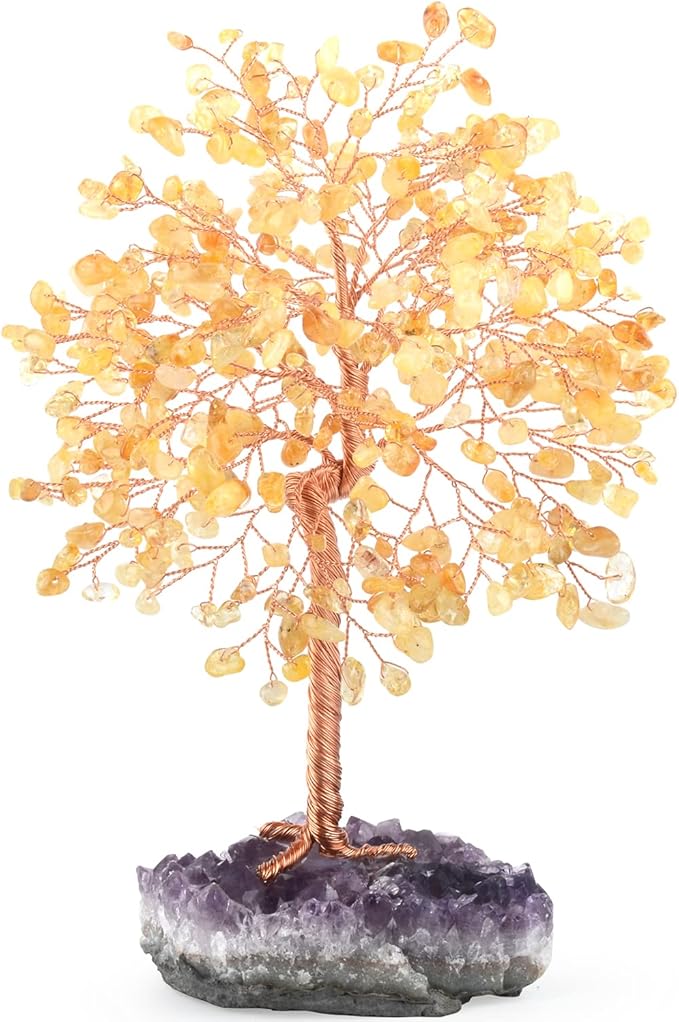 Gemstone Crystal Tree of Life,Natural Citrine(406 Stones Count) with Amethyst Cluster Base,Chakra Healing Crystals Positive Energy Fengshui Bonsai Money Tree Gift 8.5"-9"