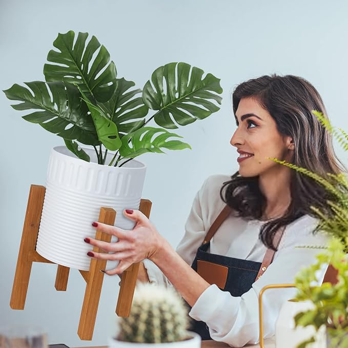 2-Piece White Metal Planter Set with Wood Stand, Indoor Mid Century Modern Planters with Drainage, 8" & 10"