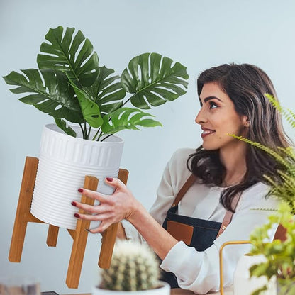 2-Piece White Metal Planter Set with Wood Stand, Indoor Mid Century Modern Planters with Drainage, 8" & 10"