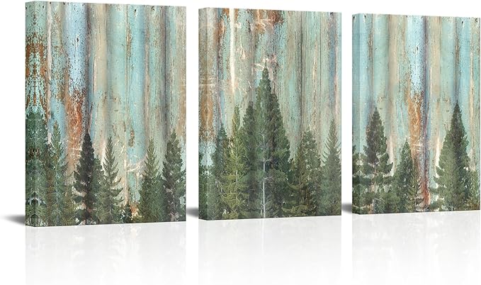 AoArtWZ 3 Pieces Forest Canvas Wall Art Vintage Fir Tree Picture Artwork Rustic Green Bathroom Painting For Home Decor Framed 12"x16"x3pcs