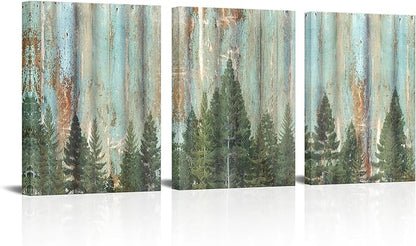 AoArtWZ 3 Pieces Forest Canvas Wall Art Vintage Fir Tree Picture Artwork Rustic Green Bathroom Painting For Home Decor Framed 12"x16"x3pcs