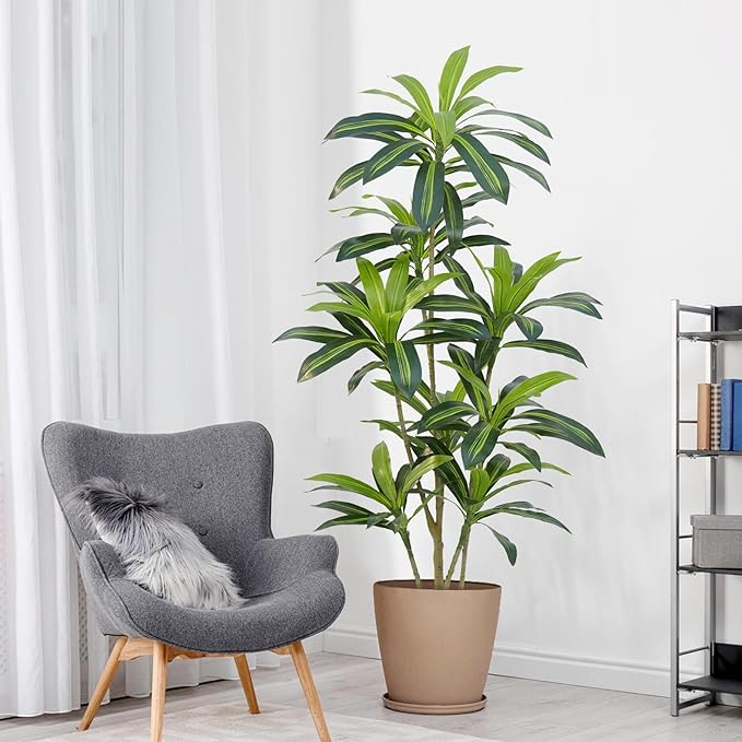 Dracaena Plant Artificial Tree 5Ft Tall Fake Tropical Floor Plants Potted (Real Touch) Artificial Silk Tree Leaf Faux Trees Black Tall Planter for Home Office Living Room Indoor Outdoor Decor