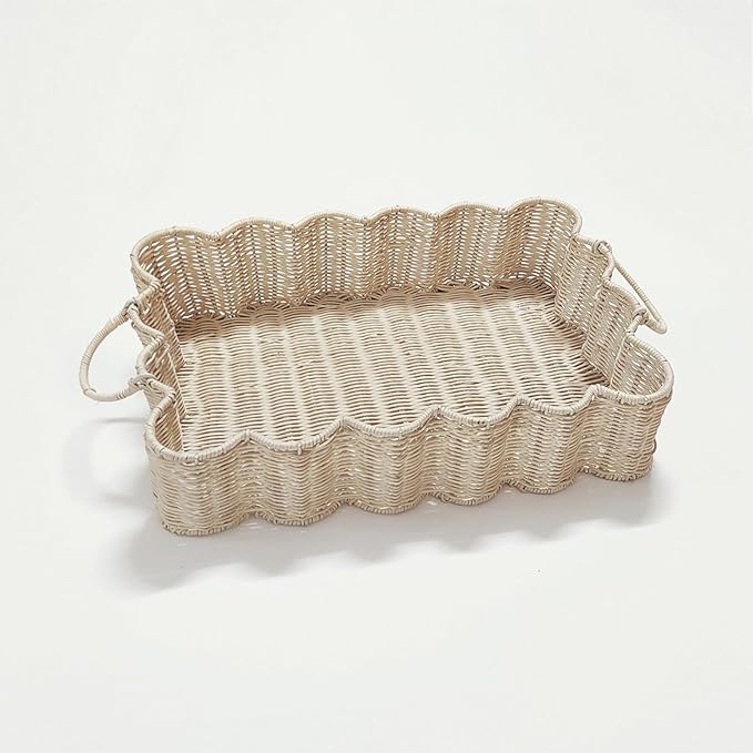 Scalloped Rattan Tray Basket,17"*12"*4" Super Hard Rectangle Hand Woven Wicker Serving Tray with Handles, Seagrass Decoratve Tray for Coffee Table (Rattan-Off White-17 * 12 * 4")