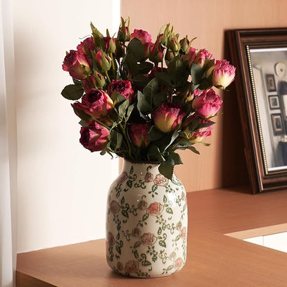 Vintage Ceramic Vase - 7.8 Inch Hand-Painted Roses with Ice Crackle Glaze Finish, American Farmhouse Style Pitcher Vase for Home Decor, Centerpiece, Shelf, Table, Office, Rustic Wedding Gift