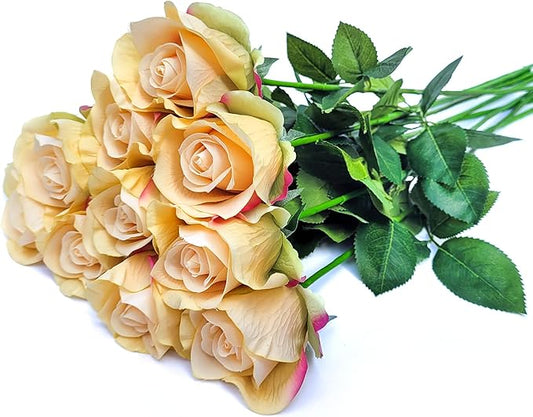 10 Single 26inch Real Touch Artificial Roses - Long Stem Fake Silk Flowers with Leaves, Looking Real, for Tall vase, Wedding, Home Decor, Centerpieces, Office Party, (10,Champ)