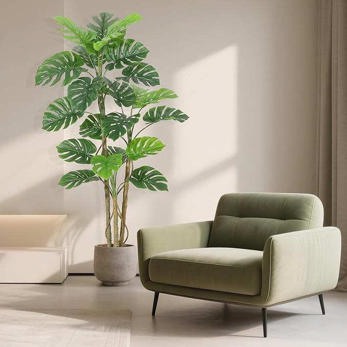 6FT Artificial Monstera Plant - Realistic Fake Tropical Palm Tree for Home Decor - Large Faux Monstera Deliciosa with Bendable Stems & Ceramic Pot - Indoor Outdoor UV Resistant